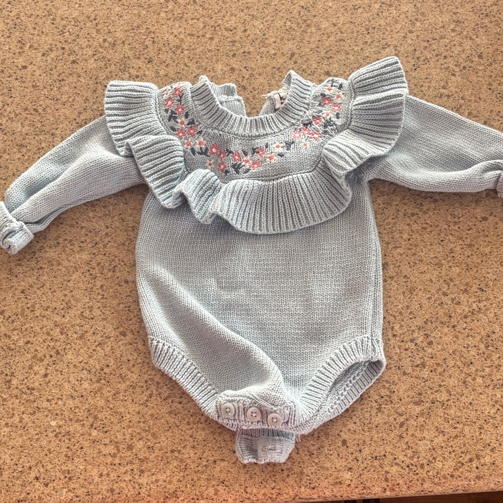 Nicole Miller Light Blue Knit Romper with Floral Embroidery